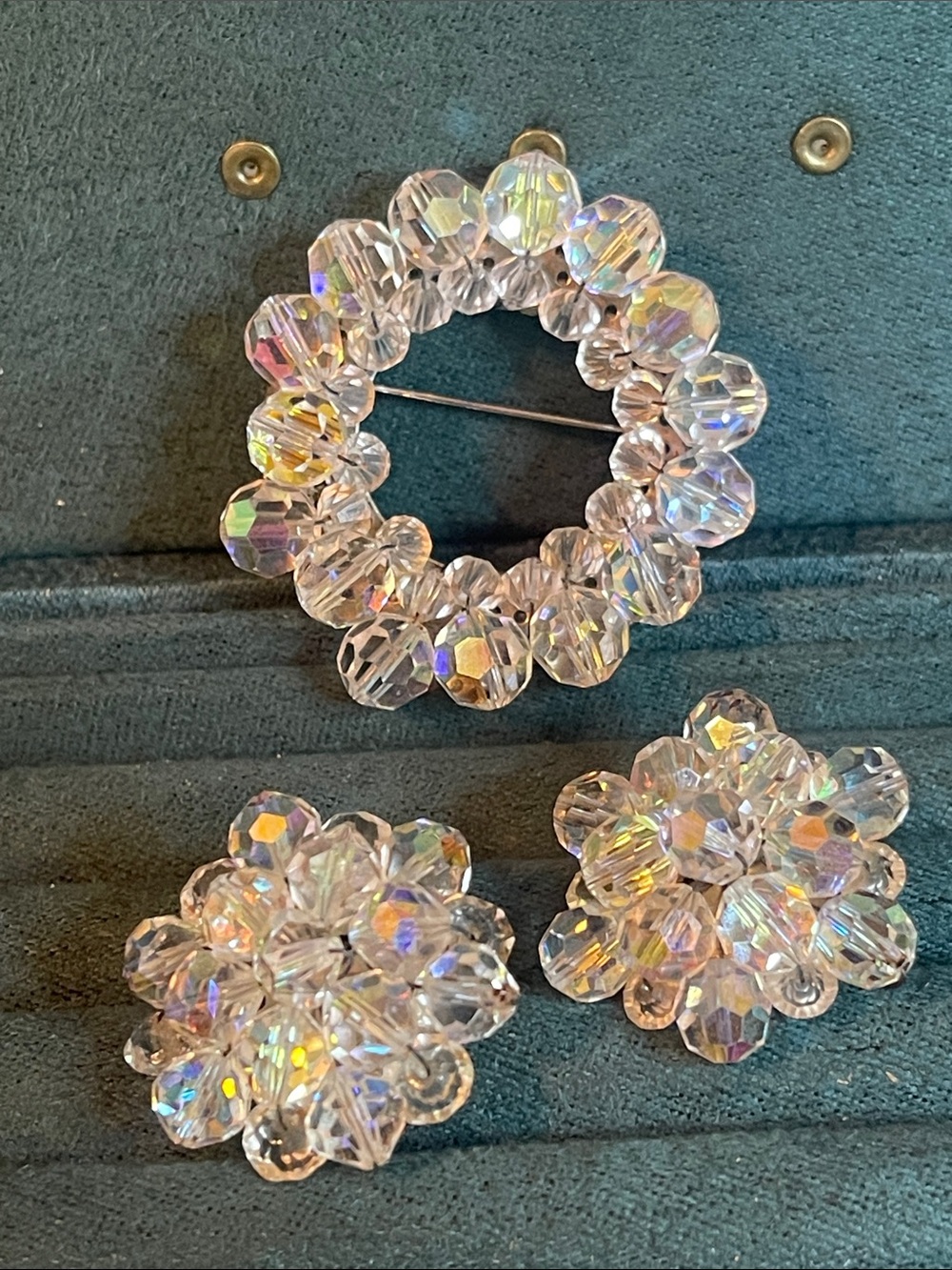 Vintage Aurora Borealis Cluster Wreath Brooch & Clip-On Earring Set